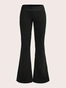 SHEIN ICON 净色喇叭裤 - 黑色 - 查看 1