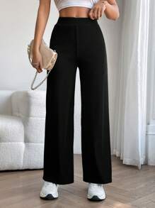 SHEIN PETITE 净色阔腿西裤 - 黑色 - 查看 6