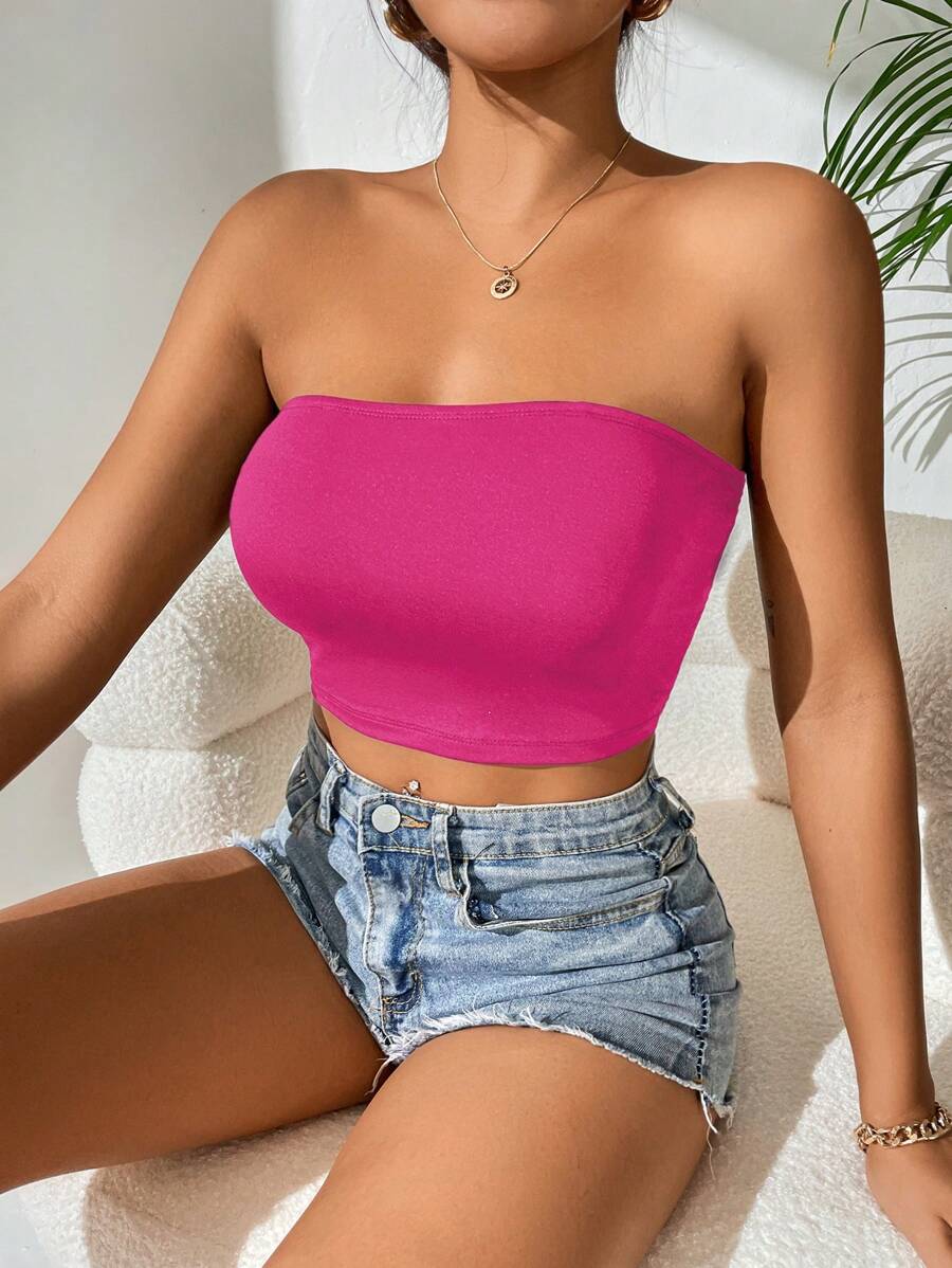 SHEIN PETITE 素色短款抹胸上衣