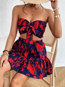SHEIN VCAY Bộ đồ hai mảnh nữ Viên lá sen Dải chun Thắt nơ trước Hoa Tất cả trên in Boho - Nhiều màu - Xem 1