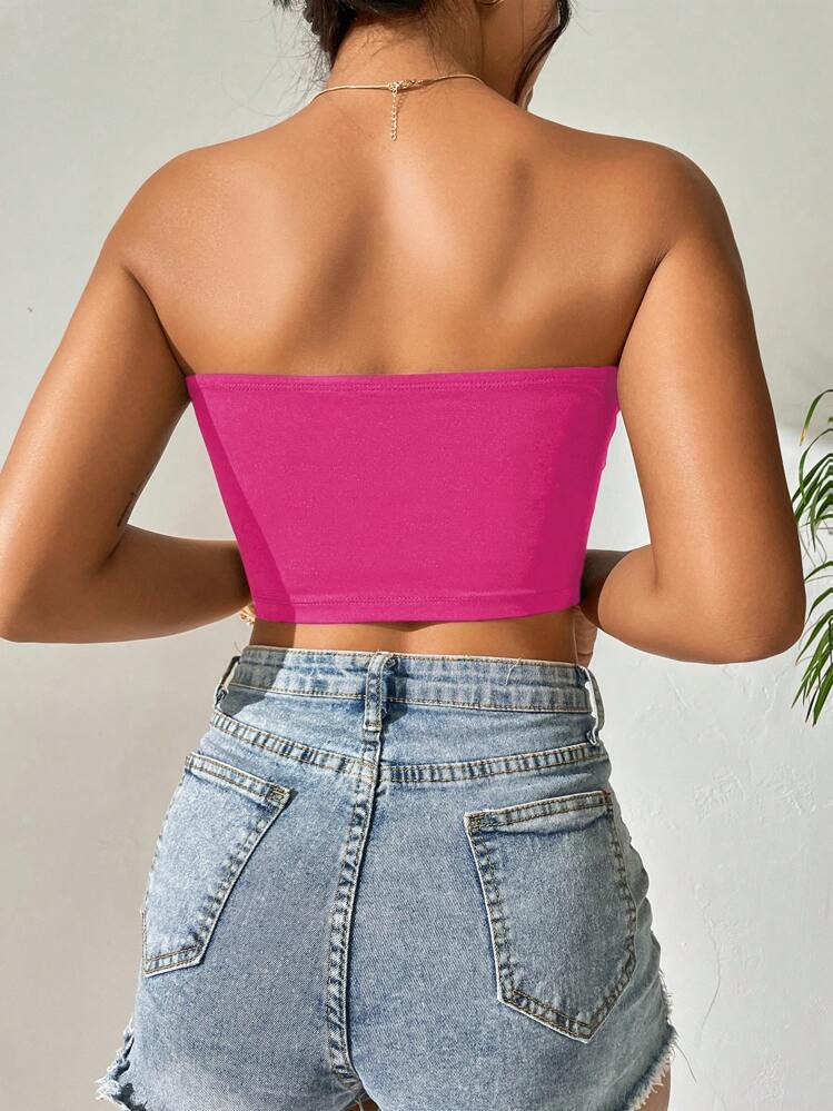 SHEIN PETITE 素色短款抹胸上衣 - 玫紅色 - 查看 2