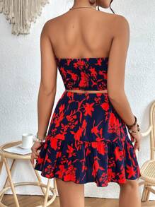 SHEIN VCAY Bộ đồ hai mảnh nữ Viên lá sen Dải chun Thắt nơ trước Hoa Tất cả trên in Boho - Nhiều màu - Xem 2
