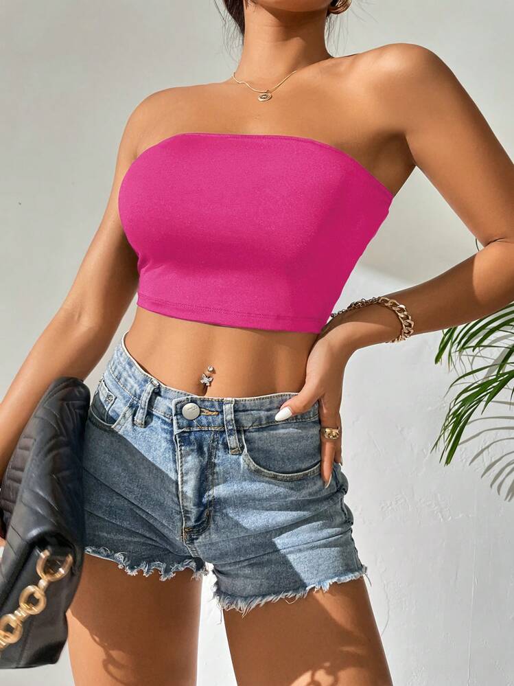 SHEIN PETITE 素色短款抹胸上衣 - 玫紅色 - 查看 4