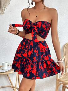 SHEIN VCAY Bộ đồ hai mảnh nữ Viên lá sen Dải chun Thắt nơ trước Hoa Tất cả trên in Boho - Nhiều màu - Xem 3