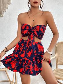 SHEIN VCAY Bộ đồ hai mảnh nữ Viên lá sen Dải chun Thắt nơ trước Hoa Tất cả trên in Boho - Nhiều màu - Xem 4