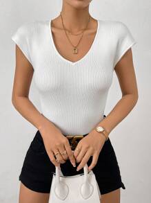 SHEIN Essnce Solid Ribbed Knit V Neck Knit Top - White - View 1