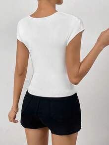 SHEIN Essnce Solid Ribbed Knit V Neck Knit Top - White - View 2
