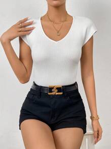 SHEIN Essnce Solid Ribbed Knit V Neck Knit Top - White - View 6