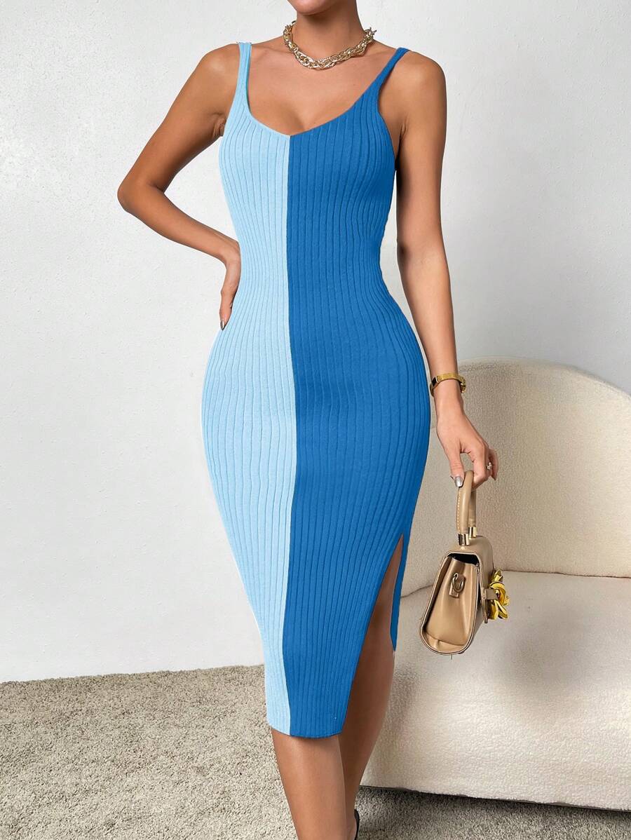 SHEIN Privé 雙色高衩吊帶毛衣洋裝 - 彩色 - 查看 1