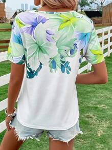 SHEIN VCAY Áo thun nữ Hoa Giải trí - màu xanh lá - Xem 2