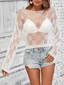 SHEIN VCAY Áo len nữ cắt màu trơn Gợi cảm - trắng - Xem 3