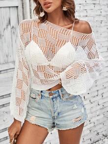 SHEIN VCAY Áo len nữ cắt màu trơn Gợi cảm - trắng - Xem 4