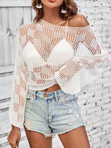 SHEIN VCAY Áo len nữ cắt màu trơn Gợi cảm - trắng - Xem 5
