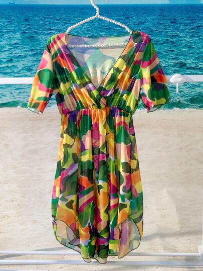 滿版印花交疊領罩衫