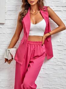 SHEIN Privé 素色西裝領馬甲西裝外套&闊腿褲 - 玫紅色 - 查看 1