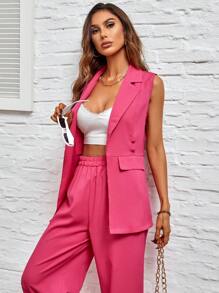 SHEIN Privé 素色西裝領馬甲西裝外套&闊腿褲 - 玫紅色 - 查看 3