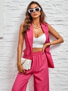 SHEIN Privé 素色西裝領馬甲西裝外套&闊腿褲 - 玫紅色 - 查看 4