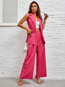 SHEIN Privé 素色西裝領馬甲西裝外套&闊腿褲 - 玫紅色 - 查看 5