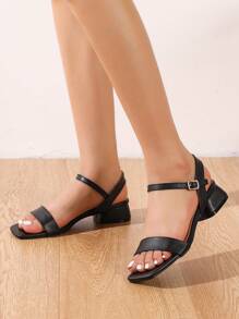 女性極簡風格踝帶粗跟優雅涼鞋 - 黑色 - 查看 4