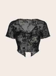 SHEIN ICON Floral Jacquard Tie Front Lettuce Trim Mesh Top - Black - View 1