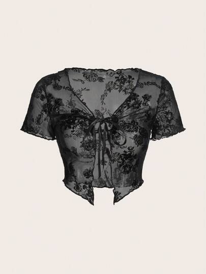 SHEIN ICON 花卉圖案提花前繫帶木耳邊網紗上衣