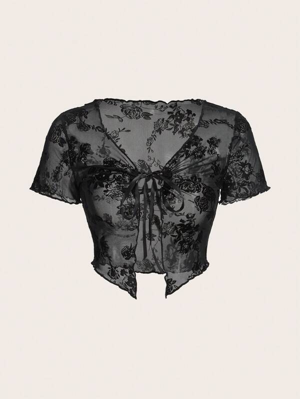SHEIN ICON Floral Jacquard Tie Front Lettuce Trim Mesh Top