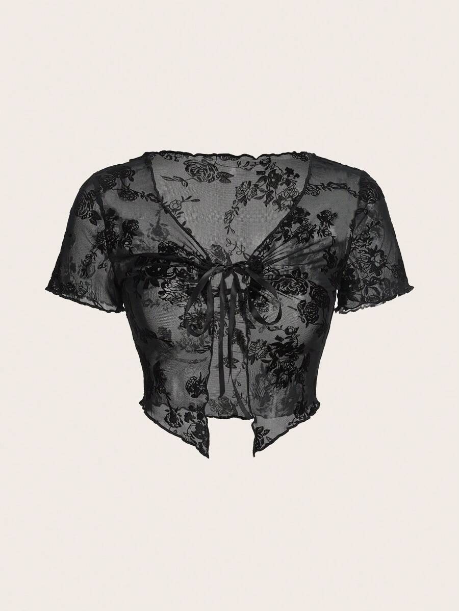 SHEIN ICON Floral Jacquard Tie Front Lettuce Trim Mesh Top - Black - View 1