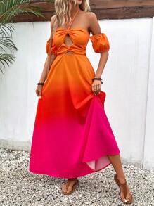 SHEIN VCAY Ombre Cut Out Tie Backless Halter Dress - Orange - View 4