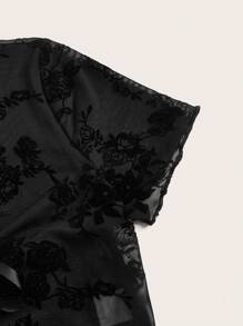 SHEIN ICON Floral Jacquard Tie Front Lettuce Trim Mesh Top - Black - View 3