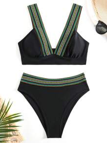 Bộ Bikini Nữ Ruy băng Sọc Giải trí - màu đen - Xem 5