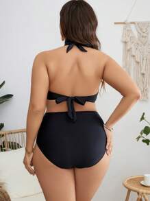 SHEIN Swim Curve Plus Solid Halter One Piece Swimsuit - Black - View 2