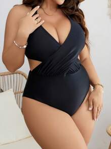 SHEIN Swim Curve Plus Solid Halter One Piece Swimsuit - Black - View 4
