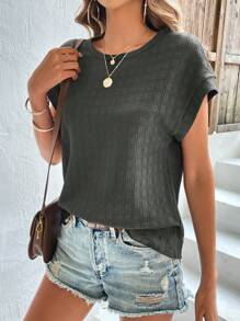 SHEIN LUNE Solid Batwing Sleeve Tee - Dark Grey - View 5