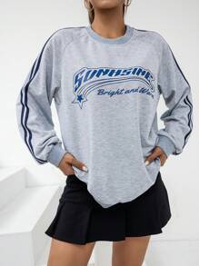 SHEIN Unity 側條紋字母 條紋女士衛衣 - 淺灰色 - 查看 5