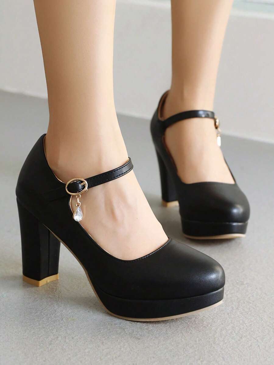 Fall/Winter 2025 Women Rhinestone Decor Mary Jane Pumps, Chunky Heeled Elegant Pumps, Elegant - Black - View 1
