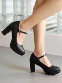Fall/Winter 2025 Women Rhinestone Decor Mary Jane Pumps, Chunky Heeled Elegant Pumps, Elegant - Black - View 3