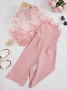 SHEIN Bộ hai mảnh Gái Nút Thêu Đề can Tương phản Mesh cắt Hoa Buổi tiệc - Màu Hồng  San hô - Xem 2