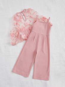 SHEIN Bộ hai mảnh Gái Nút Thêu Đề can Tương phản Mesh cắt Hoa Buổi tiệc - Màu Hồng  San hô - Xem 4