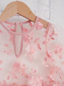 SHEIN Bộ hai mảnh Gái Nút Thêu Đề can Tương phản Mesh cắt Hoa Buổi tiệc - Màu Hồng  San hô - Xem 6