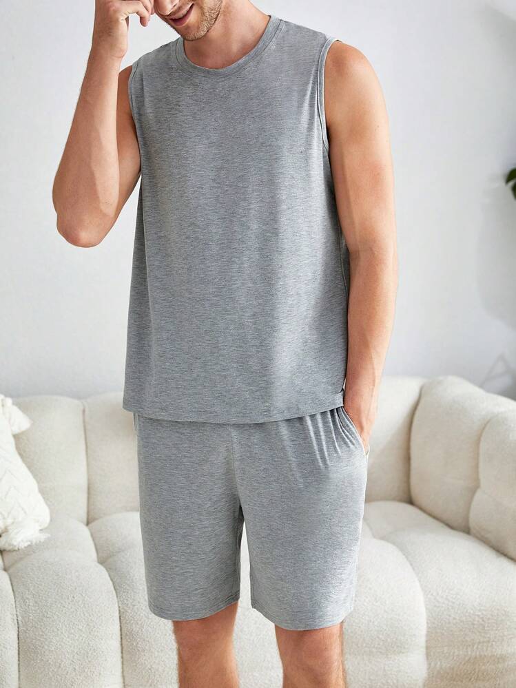 Men Solid Tank Top & Shorts PJ Set - Grey - View 2