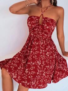 Soleia Đầm Lộ Lưng Buộc lại Dải chun Họa tiết hoa Boho - Đỏ - Xem 4