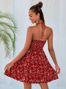 Soleia Đầm Lộ Lưng Buộc lại Dải chun Họa tiết hoa Boho - Đỏ - Xem 2
