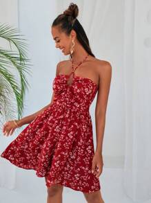 Soleia Đầm Lộ Lưng Buộc lại Dải chun Họa tiết hoa Boho - Đỏ - Xem 3