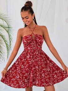 Soleia Đầm Lộ Lưng Buộc lại Dải chun Họa tiết hoa Boho - Đỏ - Xem 1