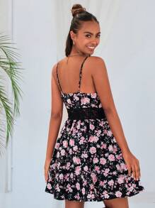 SHEIN VCAY Floral Print Guipure Lace Insert Cami Dress - Multicolor - View 2