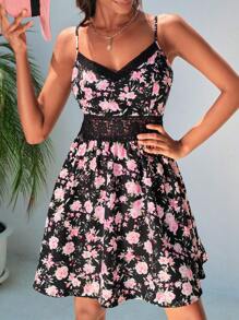 SHEIN VCAY Floral Print Guipure Lace Insert Cami Dress - Multicolor - View 5