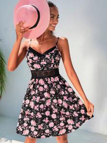 SHEIN VCAY Floral Print Guipure Lace Insert Cami Dress - Multicolor - View 7
