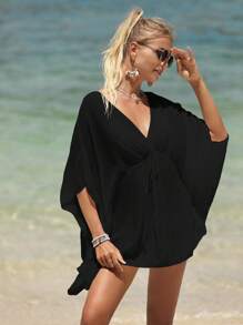 SHEIN Swim Áo che Nữ Dây kéo Thắt nút màu trơn - màu đen - Xem 1