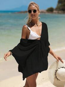 SHEIN Swim Áo che Nữ Dây kéo Thắt nút màu trơn - màu đen - Xem 3