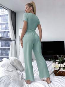 Solid Tee & Drawstring Waist Trousers Lounge Set - Mint Green - View 2